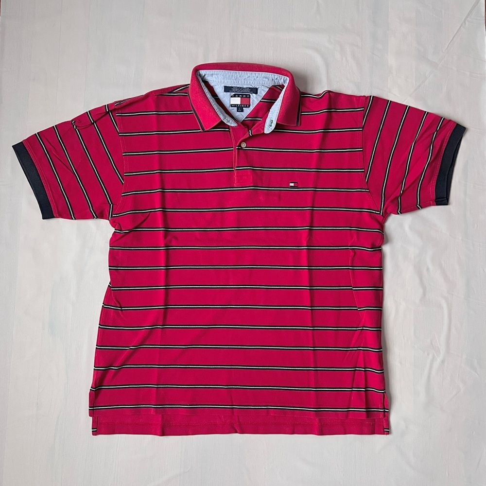 vintage Tommy Hilfiger striped Polo Shirt cotton red black white 2000s men's L